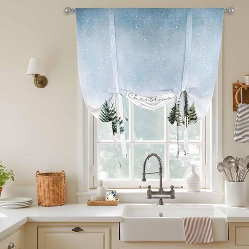 Christmas Tree Tie Up Curtains for Window, Xmas Snowflake Botanical Winter Thermal Insulated Balloon Shade Adjustable Rod Pocket Curtains Valance Panels for Kitchen Bathroom Café 42'' x 63'' in Saudi Arabia