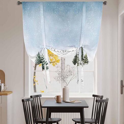 Christmas Tree Tie Up Curtains for Window, Xmas Snowflake Botanical Winter Thermal Insulated Balloon Shade Adjustable Rod Pocket Curtains Valance Panels for Kitchen Bathroom Café 42'' x 63'' in Saudi Arabia