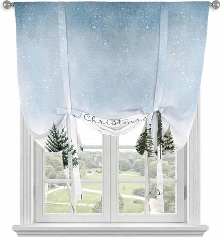 Christmas Tree Tie Up Curtains for Window, Xmas Snowflake Botanical Winter Thermal Insulated Balloon Shade Adjustable Rod Pocket Curtains Valance Panels for Kitchen Bathroom Café 42'' x 63'' in Saudi Arabia