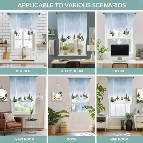 Christmas Tree Tie Up Curtains for Window, Xmas Snowflake Botanical Winter Thermal Insulated Balloon Shade Adjustable Rod Pocket Curtains Valance Panels for Kitchen Bathroom Café 42'' x 63'' in Saudi Arabia