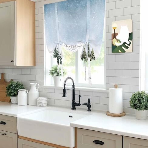 Christmas Tree Tie Up Curtains for Window, Xmas Snowflake Botanical Winter Thermal Insulated Balloon Shade Adjustable Rod Pocket Curtains Valance Panels for Kitchen Bathroom Café 42'' x 63'' in Saudi Arabia