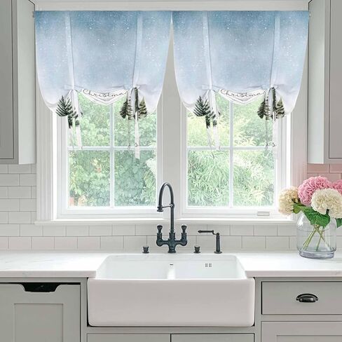 Christmas Tree Tie Up Curtains for Window, Xmas Snowflake Botanical Winter Thermal Insulated Balloon Shade Adjustable Rod Pocket Curtains Valance Panels for Kitchen Bathroom Café 42'' x 63'' in Saudi Arabia