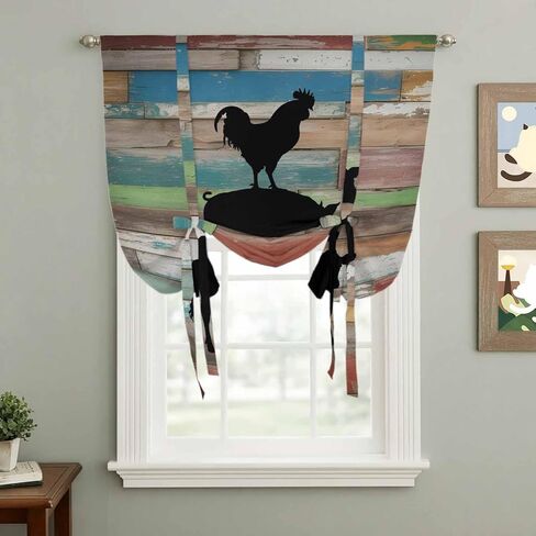 Farmhouse Wooden Grain Tie Up Curtains for Window, Vintage Country Cow Pig Chickens Thermal Insulated Balloon Shade Adjustable Rod Pocket Curtains Valance Panels for Kitchen Bathroom Café 46'' x 63'' in Saudi Arabia