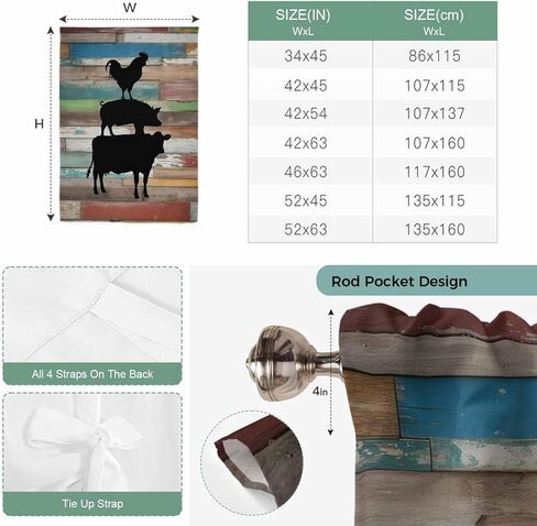 Farmhouse Wooden Grain Tie Up Curtains for Window, Vintage Country Cow Pig Chickens Thermal Insulated Balloon Shade Adjustable Rod Pocket Curtains Valance Panels for Kitchen Bathroom Café 46'' x 63'' in Saudi Arabia