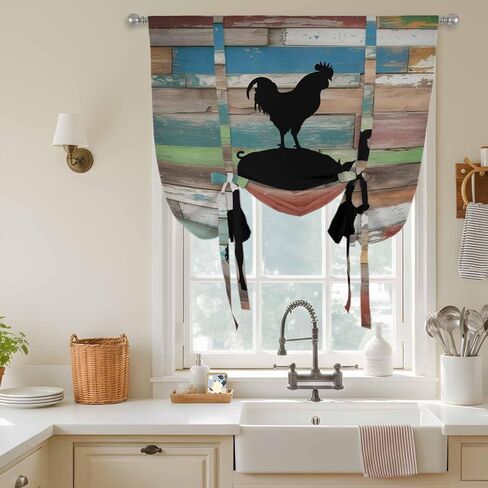 Farmhouse Wooden Grain Tie Up Curtains for Window, Vintage Country Cow Pig Chickens Thermal Insulated Balloon Shade Adjustable Rod Pocket Curtains Valance Panels for Kitchen Bathroom Café 46'' x 63'' in Saudi Arabia