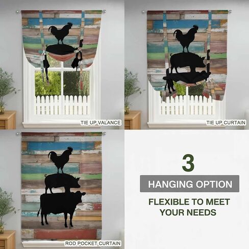 Farmhouse Wooden Grain Tie Up Curtains for Window, Vintage Country Cow Pig Chickens Thermal Insulated Balloon Shade Adjustable Rod Pocket Curtains Valance Panels for Kitchen Bathroom Café 46'' x 63'' in Saudi Arabia