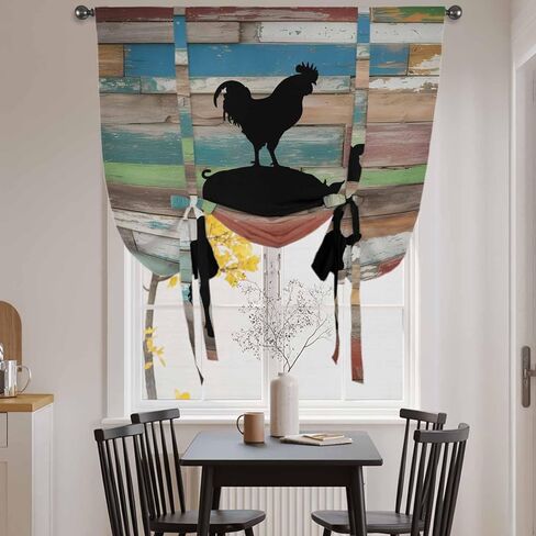 Farmhouse Wooden Grain Tie Up Curtains for Window, Vintage Country Cow Pig Chickens Thermal Insulated Balloon Shade Adjustable Rod Pocket Curtains Valance Panels for Kitchen Bathroom Café 46'' x 63'' in Saudi Arabia