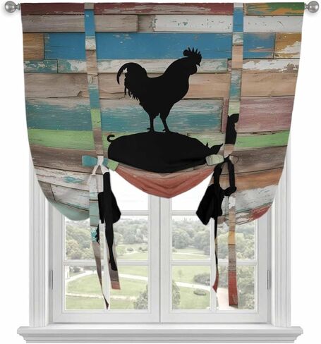 Farmhouse Wooden Grain Tie Up Curtains for Window, Vintage Country Cow Pig Chickens Thermal Insulated Balloon Shade Adjustable Rod Pocket Curtains Valance Panels for Kitchen Bathroom Café 46'' x 63'' in Saudi Arabia