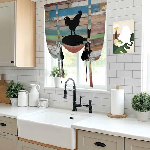 Farmhouse Wooden Grain Tie Up Curtains for Window, Vintage Country Cow Pig Chickens Thermal Insulated Balloon Shade Adjustable Rod Pocket Curtains Valance Panels for Kitchen Bathroom Café 46'' x 63'' in Saudi Arabia