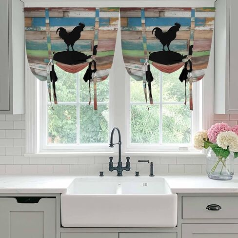 Farmhouse Wooden Grain Tie Up Curtains for Window, Vintage Country Cow Pig Chickens Thermal Insulated Balloon Shade Adjustable Rod Pocket Curtains Valance Panels for Kitchen Bathroom Café 46'' x 63'' in Saudi Arabia