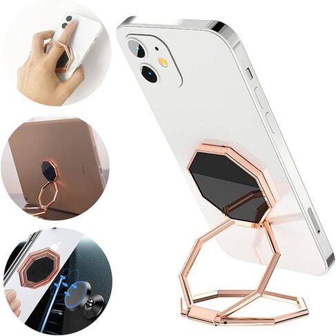 Cellphone Ring Holder Finger Kickstand, Foldable 360° Rotation Cell Phone Stand for Desk, Magnetic Car Mount, Metal Multi-Angle for Phone Back Grip Compatible with iPhone, iPad (Rose Gold) in Kuwait