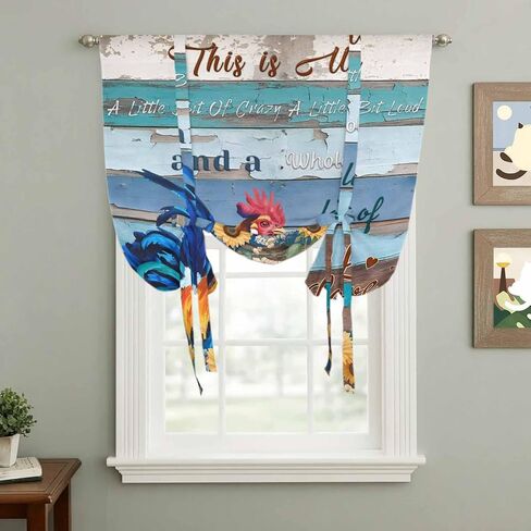 Sunflowers Chickens Tie Up Curtains for Window, Farms Animal Wooden Grain Cabin Thermal Insulated Balloon Shade Adjustable Rod Pocket Curtains Valance Panels for Kitchen Bathroom Café 42'' x 45'' in Saudi Arabia