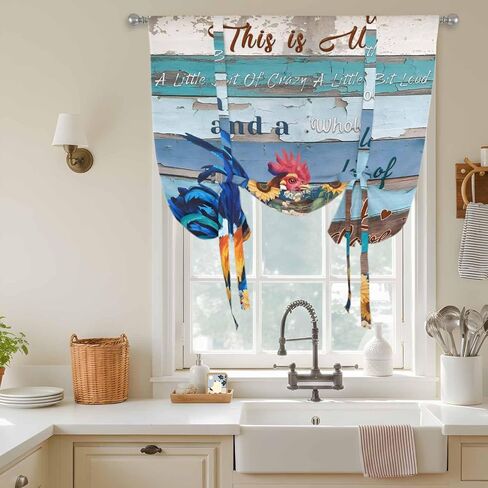 Sunflowers Chickens Tie Up Curtains for Window, Farms Animal Wooden Grain Cabin Thermal Insulated Balloon Shade Adjustable Rod Pocket Curtains Valance Panels for Kitchen Bathroom Café 42'' x 45'' in Saudi Arabia