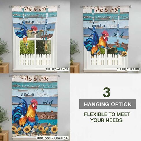 Sunflowers Chickens Tie Up Curtains for Window, Farms Animal Wooden Grain Cabin Thermal Insulated Balloon Shade Adjustable Rod Pocket Curtains Valance Panels for Kitchen Bathroom Café 42'' x 45'' in Saudi Arabia
