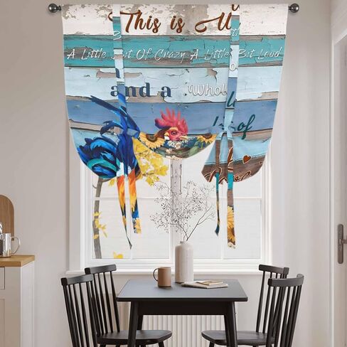 Sunflowers Chickens Tie Up Curtains for Window, Farms Animal Wooden Grain Cabin Thermal Insulated Balloon Shade Adjustable Rod Pocket Curtains Valance Panels for Kitchen Bathroom Café 42'' x 45'' in Saudi Arabia
