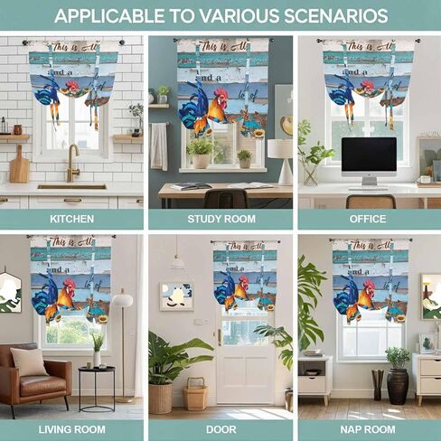 Sunflowers Chickens Tie Up Curtains for Window, Farms Animal Wooden Grain Cabin Thermal Insulated Balloon Shade Adjustable Rod Pocket Curtains Valance Panels for Kitchen Bathroom Café 42'' x 45'' in Saudi Arabia