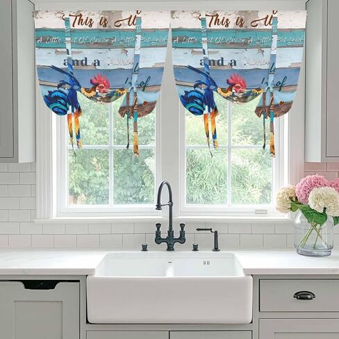Sunflowers Chickens Tie Up Curtains for Window, Farms Animal Wooden Grain Cabin Thermal Insulated Balloon Shade Adjustable Rod Pocket Curtains Valance Panels for Kitchen Bathroom Café 42'' x 45'' in Saudi Arabia