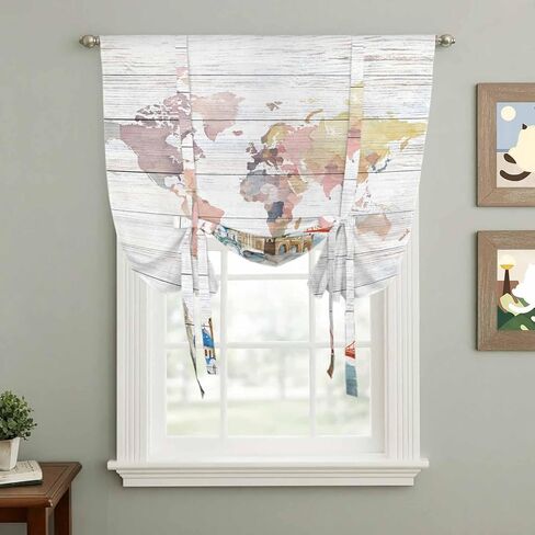 World Map Tie Up Curtains for Window, Country Famous Building Tourism Bridge Wooden Thermal Insulated Balloon Shade Adjustable Rod Pocket Curtains Valance Panels for Kitchen Bathroom Café 42'' x 63'' in Saudi Arabia