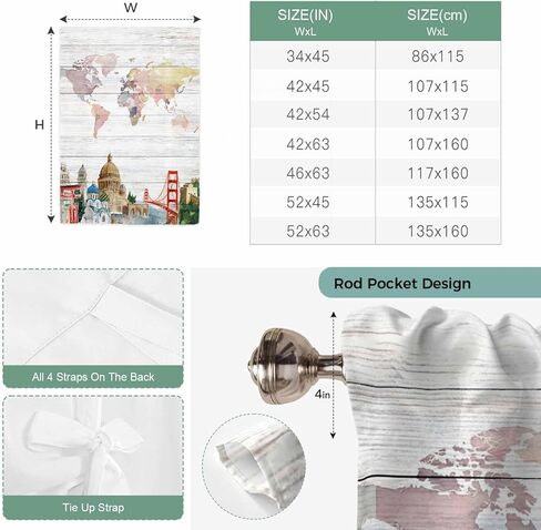 World Map Tie Up Curtains for Window, Country Famous Building Tourism Bridge Wooden Thermal Insulated Balloon Shade Adjustable Rod Pocket Curtains Valance Panels for Kitchen Bathroom Café 42'' x 63'' in Saudi Arabia