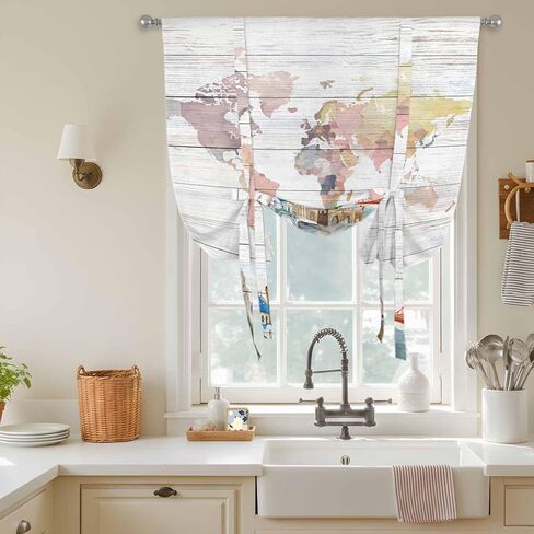 World Map Tie Up Curtains for Window, Country Famous Building Tourism Bridge Wooden Thermal Insulated Balloon Shade Adjustable Rod Pocket Curtains Valance Panels for Kitchen Bathroom Café 42'' x 63'' in Saudi Arabia