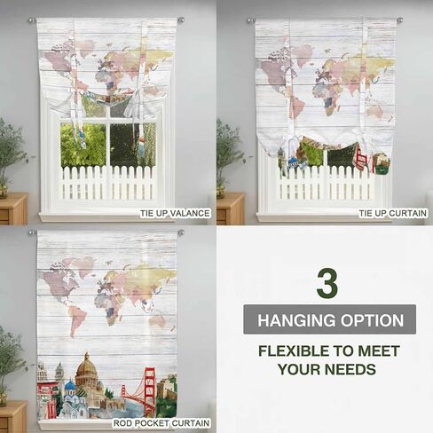 World Map Tie Up Curtains for Window, Country Famous Building Tourism Bridge Wooden Thermal Insulated Balloon Shade Adjustable Rod Pocket Curtains Valance Panels for Kitchen Bathroom Café 42'' x 63'' in Saudi Arabia