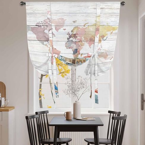 World Map Tie Up Curtains for Window, Country Famous Building Tourism Bridge Wooden Thermal Insulated Balloon Shade Adjustable Rod Pocket Curtains Valance Panels for Kitchen Bathroom Café 42'' x 63'' in Saudi Arabia