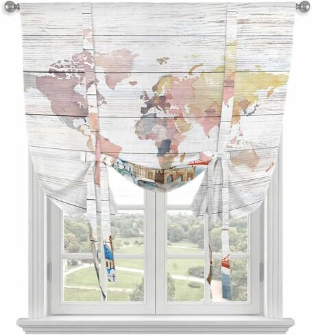 World Map Tie Up Curtains for Window, Country Famous Building Tourism Bridge Wooden Thermal Insulated Balloon Shade Adjustable Rod Pocket Curtains Valance Panels for Kitchen Bathroom Café 42'' x 63'' in Saudi Arabia