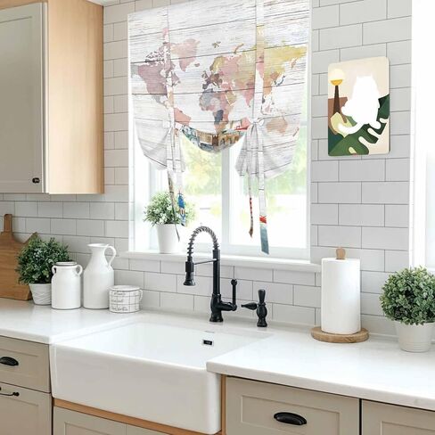 World Map Tie Up Curtains for Window, Country Famous Building Tourism Bridge Wooden Thermal Insulated Balloon Shade Adjustable Rod Pocket Curtains Valance Panels for Kitchen Bathroom Café 42'' x 63'' in Saudi Arabia
