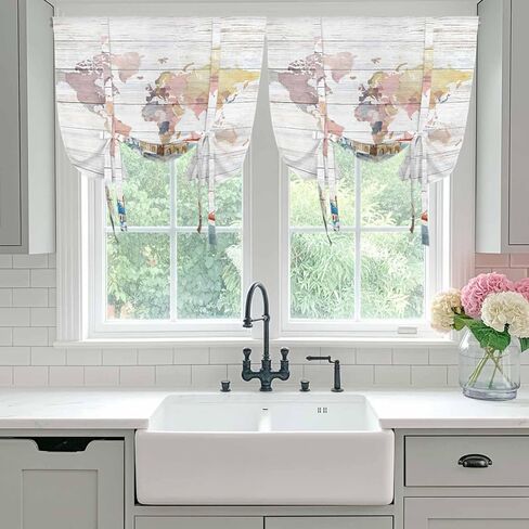 World Map Tie Up Curtains for Window, Country Famous Building Tourism Bridge Wooden Thermal Insulated Balloon Shade Adjustable Rod Pocket Curtains Valance Panels for Kitchen Bathroom Café 42'' x 63'' in Saudi Arabia