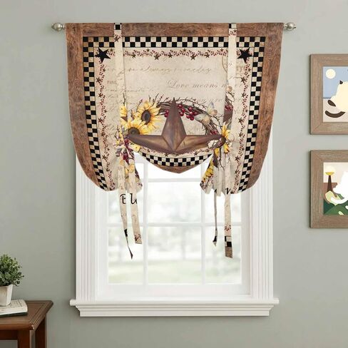 Texas Star Vintage Tie Up Curtains for Window, Sunflower Checkered Stars Retro Art Thermal Insulated Balloon Shade Adjustable Rod Pocket Curtains Valance Panels for Kitchen Bathroom Café 42'' x 54'' in Saudi Arabia