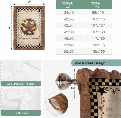 Texas Star Vintage Tie Up Curtains for Window, Sunflower Checkered Stars Retro Art Thermal Insulated Balloon Shade Adjustable Rod Pocket Curtains Valance Panels for Kitchen Bathroom Café 42'' x 54'' in Saudi Arabia