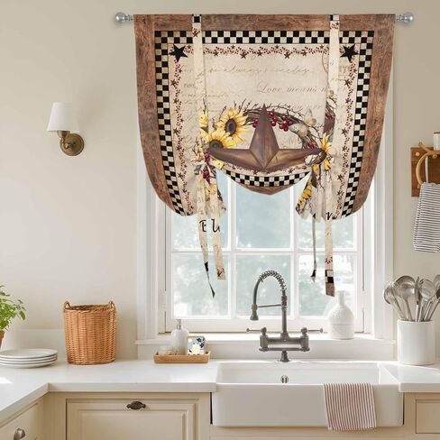 Texas Star Vintage Tie Up Curtains for Window, Sunflower Checkered Stars Retro Art Thermal Insulated Balloon Shade Adjustable Rod Pocket Curtains Valance Panels for Kitchen Bathroom Café 42'' x 54'' in Saudi Arabia