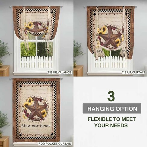 Texas Star Vintage Tie Up Curtains for Window, Sunflower Checkered Stars Retro Art Thermal Insulated Balloon Shade Adjustable Rod Pocket Curtains Valance Panels for Kitchen Bathroom Café 42'' x 54'' in Saudi Arabia