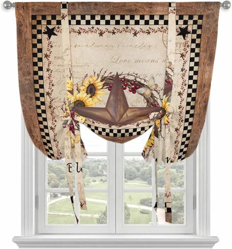 Texas Star Vintage Tie Up Curtains for Window, Sunflower Checkered Stars Retro Art Thermal Insulated Balloon Shade Adjustable Rod Pocket Curtains Valance Panels for Kitchen Bathroom Café 42'' x 54'' in Saudi Arabia