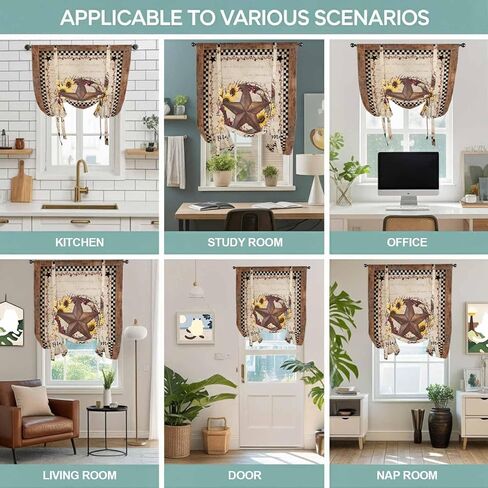 Texas Star Vintage Tie Up Curtains for Window, Sunflower Checkered Stars Retro Art Thermal Insulated Balloon Shade Adjustable Rod Pocket Curtains Valance Panels for Kitchen Bathroom Café 42'' x 54'' in Saudi Arabia