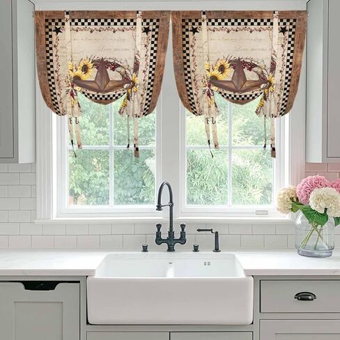 Texas Star Vintage Tie Up Curtains for Window, Sunflower Checkered Stars Retro Art Thermal Insulated Balloon Shade Adjustable Rod Pocket Curtains Valance Panels for Kitchen Bathroom Café 42'' x 54'' in Saudi Arabia