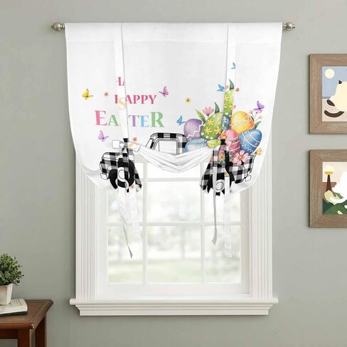 Easter Tie Up Curtains for Window, Black White Truck Colorful Eggs Bunny Thermal Insulated Balloon Shade Adjustable Rod Pocket Curtains Valance Panels for Kitchen Bathroom Café 52'' x 45'' in Saudi Arabia