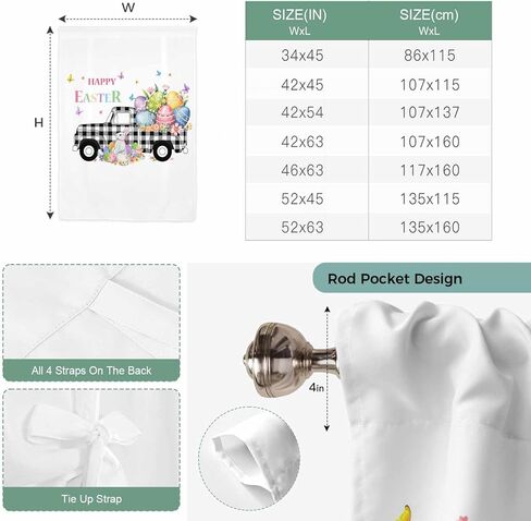 Easter Tie Up Curtains for Window, Black White Truck Colorful Eggs Bunny Thermal Insulated Balloon Shade Adjustable Rod Pocket Curtains Valance Panels for Kitchen Bathroom Café 52'' x 45'' in Saudi Arabia