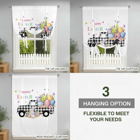 Easter Tie Up Curtains for Window, Black White Truck Colorful Eggs Bunny Thermal Insulated Balloon Shade Adjustable Rod Pocket Curtains Valance Panels for Kitchen Bathroom Café 52'' x 45'' in Saudi Arabia