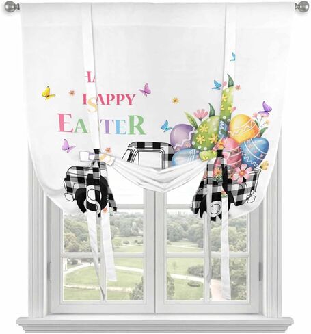 Easter Tie Up Curtains for Window, Black White Truck Colorful Eggs Bunny Thermal Insulated Balloon Shade Adjustable Rod Pocket Curtains Valance Panels for Kitchen Bathroom Café 52'' x 45'' in Saudi Arabia
