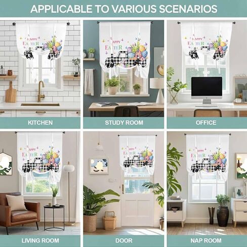 Easter Tie Up Curtains for Window, Black White Truck Colorful Eggs Bunny Thermal Insulated Balloon Shade Adjustable Rod Pocket Curtains Valance Panels for Kitchen Bathroom Café 52'' x 45'' in Saudi Arabia