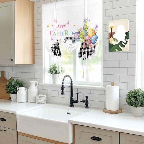 Easter Tie Up Curtains for Window, Black White Truck Colorful Eggs Bunny Thermal Insulated Balloon Shade Adjustable Rod Pocket Curtains Valance Panels for Kitchen Bathroom Café 52'' x 45'' in Saudi Arabia