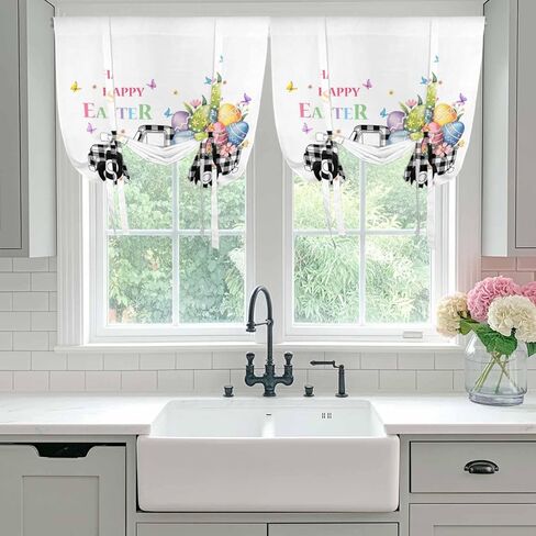 Easter Tie Up Curtains for Window, Black White Truck Colorful Eggs Bunny Thermal Insulated Balloon Shade Adjustable Rod Pocket Curtains Valance Panels for Kitchen Bathroom Café 52'' x 45'' in Saudi Arabia