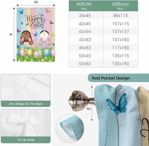 Easter Tie Up Curtains for Window, Spring Easter Eggs Bunny Colorful Wooden Grain Thermal Insulated Balloon Shade Adjustable Rod Pocket Curtains Valance Panels for Kitchen Bathroom Café 52'' x 45'' in Saudi Arabia