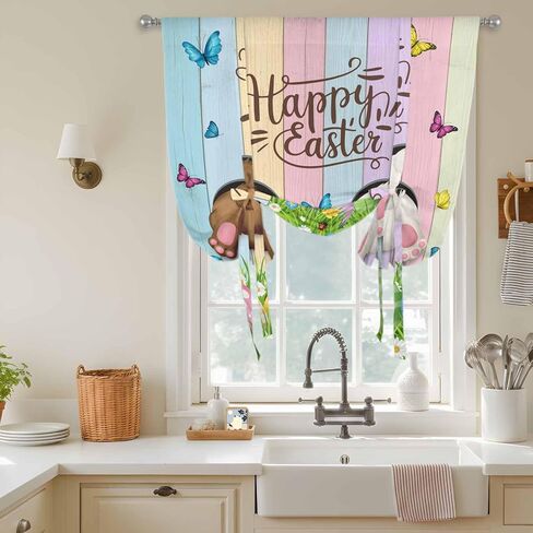 Easter Tie Up Curtains for Window, Spring Easter Eggs Bunny Colorful Wooden Grain Thermal Insulated Balloon Shade Adjustable Rod Pocket Curtains Valance Panels for Kitchen Bathroom Café 52'' x 45'' in Saudi Arabia