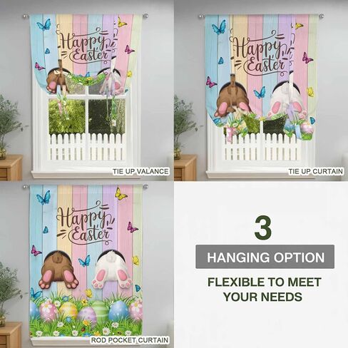 Easter Tie Up Curtains for Window, Spring Easter Eggs Bunny Colorful Wooden Grain Thermal Insulated Balloon Shade Adjustable Rod Pocket Curtains Valance Panels for Kitchen Bathroom Café 52'' x 45'' in Saudi Arabia