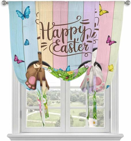 Easter Tie Up Curtains for Window, Spring Easter Eggs Bunny Colorful Wooden Grain Thermal Insulated Balloon Shade Adjustable Rod Pocket Curtains Valance Panels for Kitchen Bathroom Café 52'' x 45'' in Saudi Arabia
