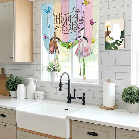 Easter Tie Up Curtains for Window, Spring Easter Eggs Bunny Colorful Wooden Grain Thermal Insulated Balloon Shade Adjustable Rod Pocket Curtains Valance Panels for Kitchen Bathroom Café 52'' x 45'' in Saudi Arabia