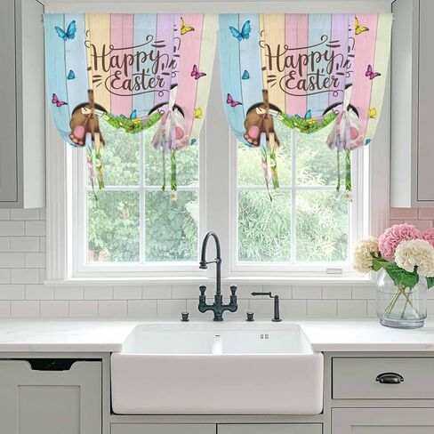 Easter Tie Up Curtains for Window, Spring Easter Eggs Bunny Colorful Wooden Grain Thermal Insulated Balloon Shade Adjustable Rod Pocket Curtains Valance Panels for Kitchen Bathroom Café 52'' x 45'' in Saudi Arabia