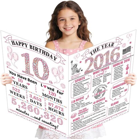 Large 10th Birthday Cards for Girls, Happy 10th Birthday Greeting Card with Envelope Jumbo 2016 Ten Guest Book Funny 10 Year Old Bday Gifts Decorations for Daughter Granddaughter Niece Sister in Saudi Arabia